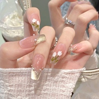 Diseño #61 #65 #69 #97 pintura a mano tulipanes flor arte de uñas hecho a mano 10 Uds brillo ojo de gato uñas artificiales cubierta completa puntas de uñas