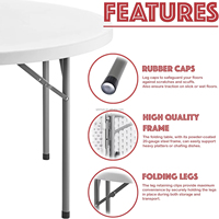 Table ronde pliante en plastique de 6 pieds pour 10 personnes, idéale pour les banquets extérieurs, location, empilable