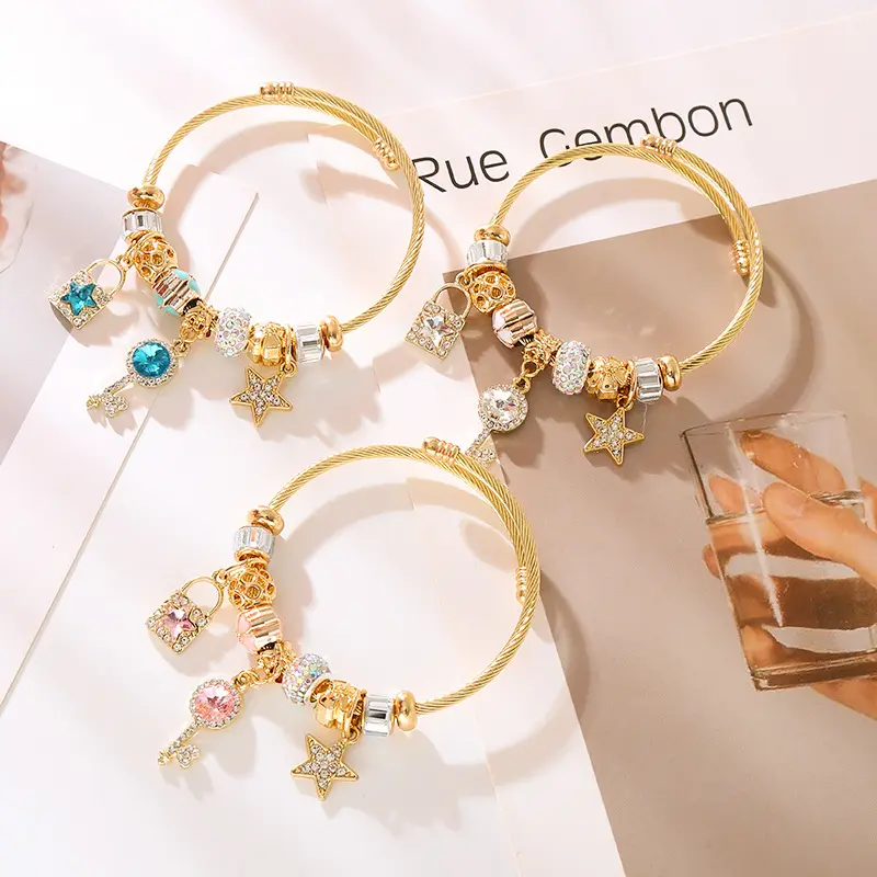 DIY beaded bracelet star key diamond pendant gold plated adjustable bracelet for women