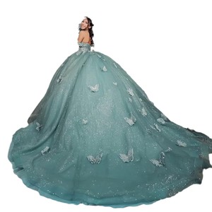 Sky Blue Off The Shoulder Ball Gown With 3D Butterfly Applique Empire Waist Chiffon Evening Dress For Adults - Product Image 4