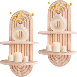 Wooden <b>Wall</b> <b>Mounted</b> Candle Holder Display Rack Arched Double Layer <b>Shelf</b> Vase Stand Natural Wood Color Geometric Design - Product Image 1