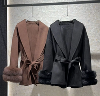 Manteau en laine double face marron avec manchette en fourrure de renard amovible, ceinture, manteau en laine chaud pour l'hiver, veste personnalisée pour femme