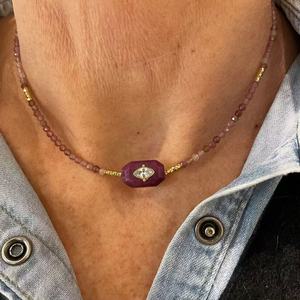 Collana con Ciondolo Occhio del Diavolo in Pietra Naturale con Intarsio in Zircone, Collana Girocollo Artigianale con Gemme Multicolore per Donne - Product Image 3