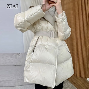 Nouveau style de veste en duvet pour femmes en duvet de canard blanc d'hiver <span class=keywords><strong>mi</strong></span>-long avec col de tailleur et veste en cuir Vente en gros - Product Image 1