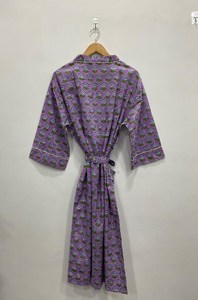 Purple Floral Print Women's Kimono Robe <b>Three</b> Quarter Sleeve V-neck Wrap Belt Loose Fit Midi Length Casual Wear All Seasons - Product Image 2