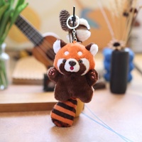 Schattig rood panda knuffel sleutelhanger, pluizig cartoon zacht knuffeldier fruitmuts dierenhanger, lief tasje hangend ornament cadeau voor kinderen