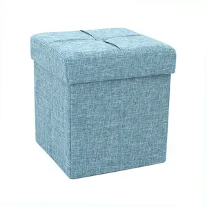 New Design Modern Blue Fabric Square Space Saving Storage Foldable Ottoman Stool For Living Room