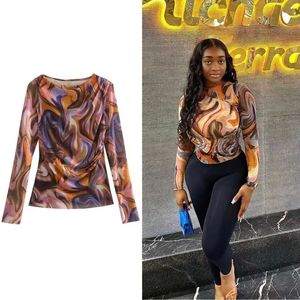 Top <span class=keywords><strong>in</strong></span> <span class=keywords><strong>Tulle</strong></span> stampato alla moda da donna primavera autunno camicia a rete pieghettata Casual a maniche lunghe - Product Image 2