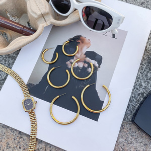 Hoop Earrings 18K Gold Plated Stainless Steel 4mm Diameter Hollow C-<b>Ring</b> Classic Design Fashion Jewelry - Product Image 2