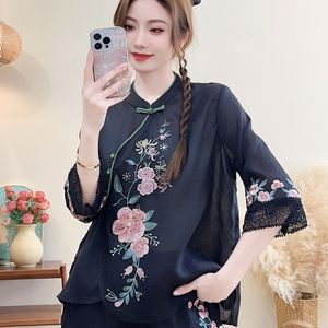 Chinese Embroidery Linen Top Women Stand Collar Mid Sleeve Loose Fit Rose Red Chinoiserie Style Blouse For Everyday Wear - Product Image 4