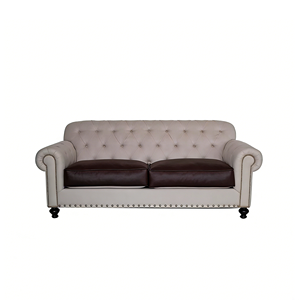 American Retro Tufted <strong>Sofa</strong> - Cream &amp; <strong>Dark</strong> Brown Two-Tone <strong>Leather</strong> Upholstered Rivet Accent 3-Seater Living Room <strong>Sofa</strong> - Product Image 1