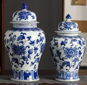 陶瓷青花姜罐陶瓷寺庙罐带盖家居装饰艺术复古姜罐