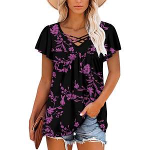 Onlypuff, blusas tipo túnica de verano para mujer, blusas con cuello en V y mangas cortas, corte holgado, negro y morado, talla L, Tops de punto para mujer - Product Image 2