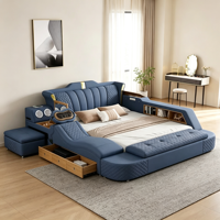 Luxuriöses Blaues Lederbett mit Massage-Kopfstütze Seitlicher Aufbewahrungsschrank Schublade Hebbare Bettendekonsole für Hochwertige Schlafzimmer
