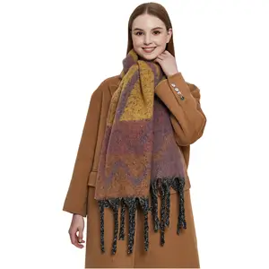 Alpaca Checked Wavy Scarf With Large Jacquard And Coarse Fringe Heavy Scarf Mohair Scarves