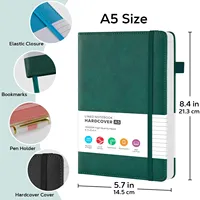 Carnet de notes A5 en cuir PU personnalisé avec logo, pages lignées 80 g/m², couverture rigide, fermeture élastique, format ouvert, idéal pour le bureau et l'école
