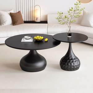 Mesa de Centro Redonda de Madera Maciza con Hierro Negro de Estilo Clásico Moderno, Mesa Auxiliar de Lujo para Sala de Estar con Diseño Simple de Viga de Roca - Product Image 5