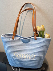 <span class=keywords><strong>Sac</strong></span> fourre-tout en coton grande capacité pour l'été, avec poignée en cuir, tissé à la main, polyvalent – Offre spéciale - Product Image 2