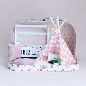 Portable Dollhouse Suitcase Miniature Bedroom Play set Wooden Bunk Star <strong>Bedding</strong> Gingham Teepee Rug Pretend Play - Product Image 1