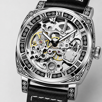 Jam Tangan Pria Logam Dial Berukir Vintage Mekanis Otomatis Penuh Model Openwork Dua Sisi Baru 42mm 30M Tali Kulit
