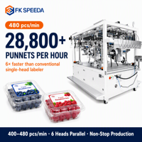 OEM Custom 1-op-6 baans eieren/pluimvee/vlees/fruit/PET-schaal 6-kops automatische clamshell blisterverpakking bodem-etiketteermachine