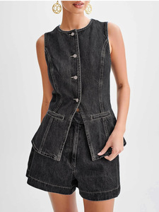 Denim 2 Pieces Outfits Summer Casual Sleeveless Women High Waist Denim Two Piece Shorts Sets For Women - Product Image 6