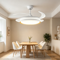 Ventilateur de plafond électrique rétractable moderne avec lumière LED à intensité variable, 3 températures de couleur, silencieux, pales cachées, lustre contrôlé par application