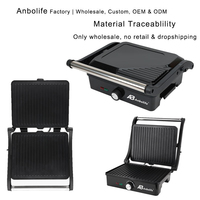 Grille-pain électrique Anbolife OEM, compact, pour 2 sandwichs, s'ouvre à 180 degrés, passe au lave-vaisselle, bac à gouttes amovible