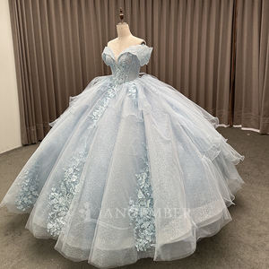 Robe de bal de promo ou de Quinceañera, couleur bonbon bleu ciel, style princesse, avec décolleté en cœur, ornée de perles et de fleurs 3D, traîne chapelle, LSMC53 - Product Image 5