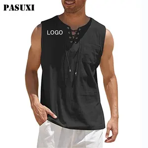 PASUXI Großhandel neue Baumwolle Leinen Tank-Top-Shirts lässig ärmellos Schnüre Strand solide Farbe Drop-Shoulder Herren-T-Shirts