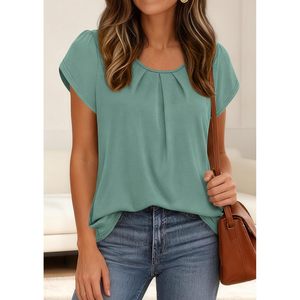 Chemisier à manches courtes pour femmes, col rond, plissé, t-shirt basique décontracté, haut de printemps et d'été, tissu en polyester respirant - Product Image 2