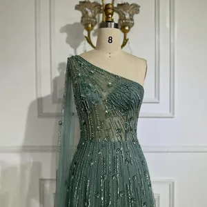 Abito da Sera Serene Hill Verde a Linea A Monospalla con Mantella <span class=keywords><strong>e</strong></span> Perline LA72503 Personalizzabile - Product Image 5