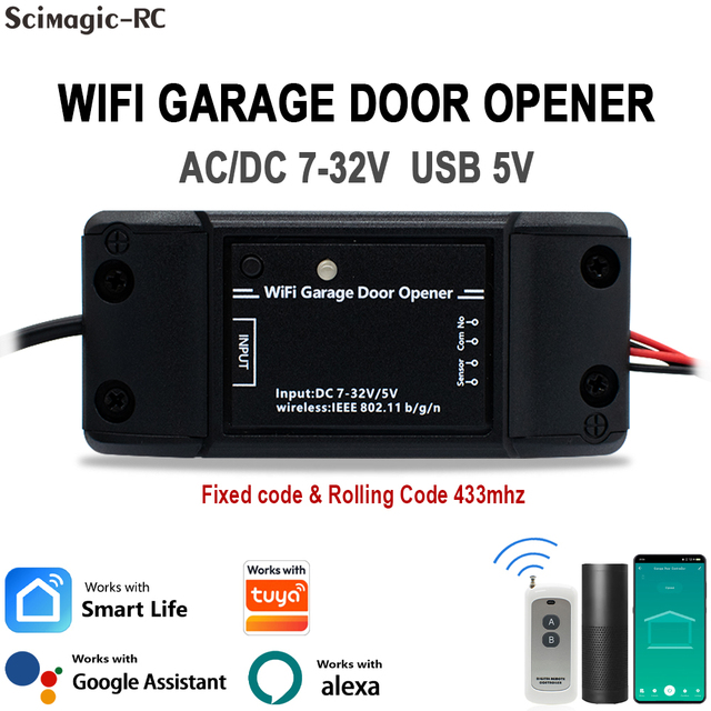 Universal 433MHz Fixed Rolling Code WiFi Relay Module 7-32V Smart Life APP Garage Door Opener Wireless Receiver Switch