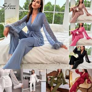 Sfy-y1490 Luxury <b>Wedding</b> <b>Dressing</b> <b>Gown</b> 2pcs Women Casual Lace Sleeve Feather Robe Pants Set Erotic Bridal Elastic Waist Front - Product Image 2