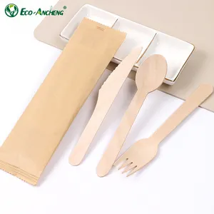 Amostra grátis disponível faca garfo colher 3 em 1 conjunto de talheres de madeira descartáveis biodegradáveis ecológicos