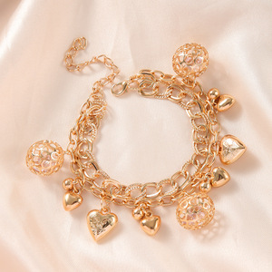 Bracelet à breloques cœur ajouré plaqué or, bijoux de fête multicouches pour femme, chaîne en alliage avec extension - Product Image 3