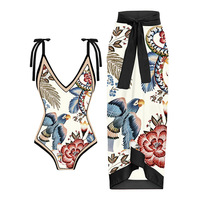 2023 nouveau dos nu femmes maillot de bain imprimé fleuri et Animal maillot de bain une pièce avec sarong