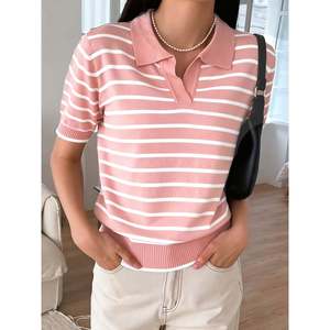 เสื้อสเวตเตอร์แขนสั้นลายทางผู้หญิง S สีเบจลายทางสีดำเสื้อถักสวมใส่สบายๆ - Product Image 3