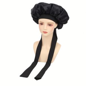 Gorro de Dormir de Seda Satinada de Doble Capa con Lazo Largo para Mujeres con Cabello Rizado, Gorro de Noche con Logotipo Personalizado al por Mayor - Product Image 4