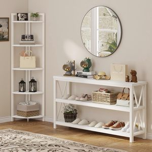 <strong>White</strong> Oak <strong>Corner</strong> Shelf with 5 Tiers, Modern Frame Combining Wood and Metal. Tall Angular Unit Serves As <strong>Bookcase</strong> and Plant Stand - Product Image 2