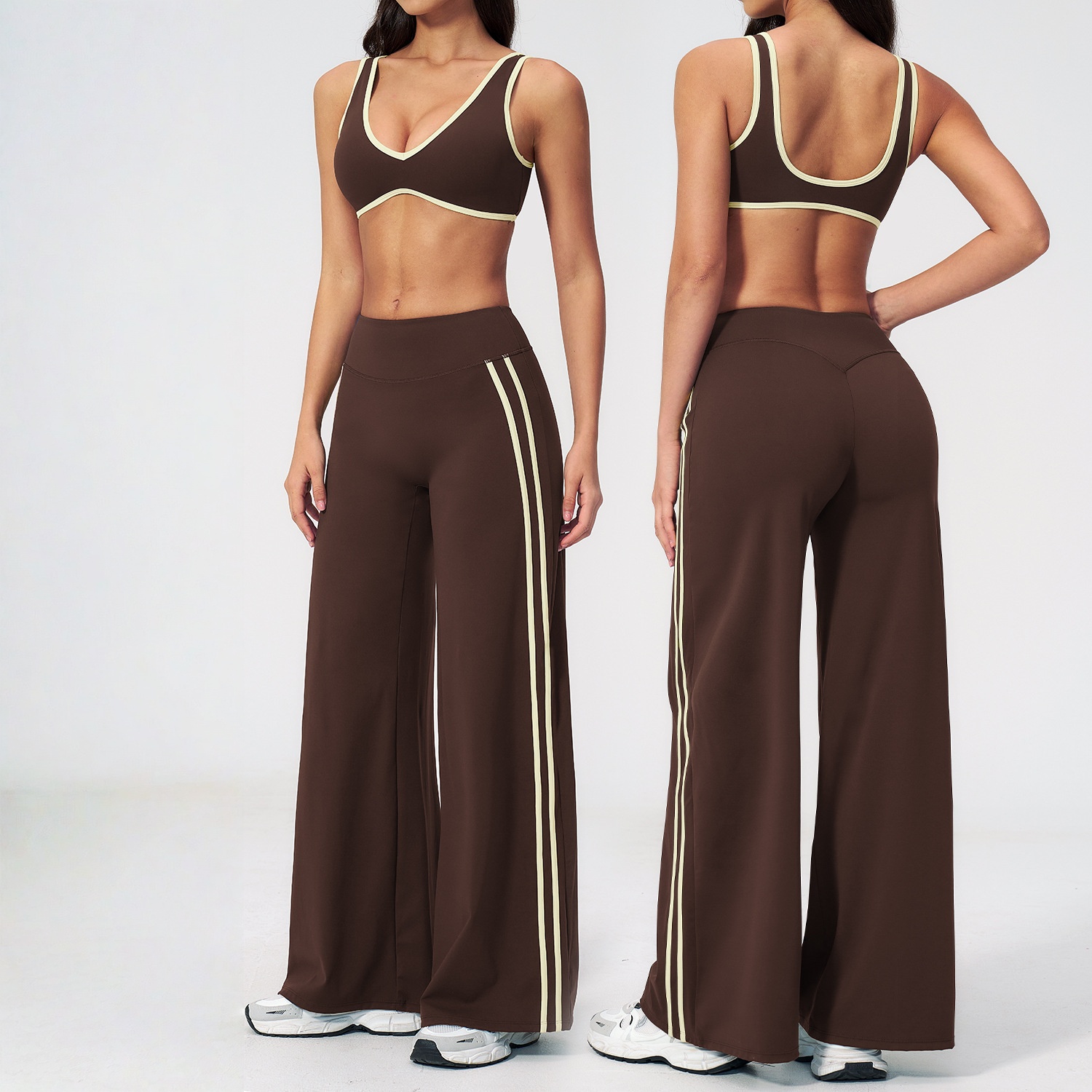 Contrast Binding Sports Bra High Waist Lift Wide Leg Pant Leggings Women's 2 Piece Yoga Sets