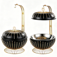 Plat à réchaud rond noir et or avec couvercle suspendu pour buffet, idéal pour hôtels, restaurants, traiteurs et banquets de mariage