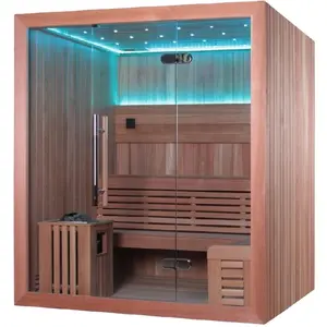 Sauna infrarroja lejana de cedro rojo tradicional prefabricada, sala de vapor seco para 4 personas, interior