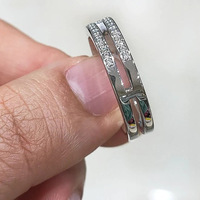 Kadınlar için Pave Kübik Zirkonya Çift Bant Yüzük, 5mm, Beyaz Altın Kaplama Pirinç Minimalist Çift Katmanlı, Beyaz Altın