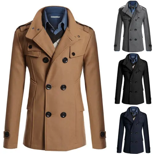 Hot Fashion Thicken Warm Coat Double Breasted Long Sleeve Wool Coat Men Stand Collar Solid Color Casual Coat