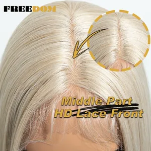 Perruques synthétiques à dentelle frontale FREEDOM, lisses et superposées, pour femmes, 22 pouces, longueur moyenne, transparentes, pour usage quotidien, brun, blond, roux - Product Image 5