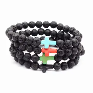 Trang Sức Nhập Khẩu Từ Trung Quốc Handmade Mens Black Lava Stone Stretch Cross Bracelet Đính Cườm Mân Côi Vòng Đeo Tay Với Chữ Thập