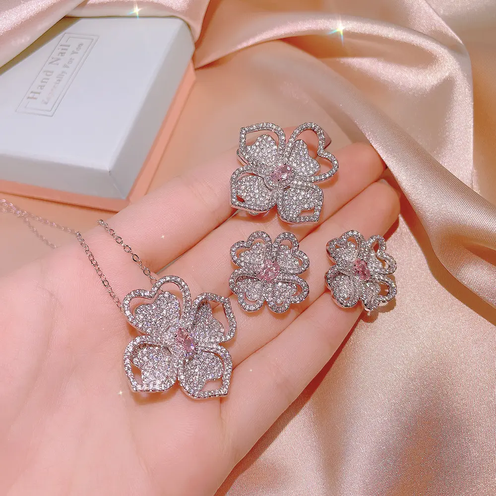 Perhiasan Mewah KISS049 Set Perhiasan Pengantin Zirkon Bentuk Bunga Kreatif Sangat Indah untuk Wanita