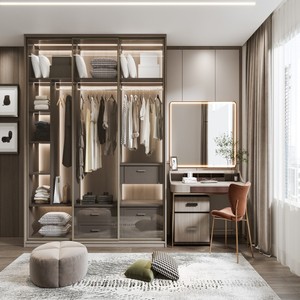 BALOM <span class=keywords><strong>Dressing</strong></span> Moderne Personnalisé Gris Blanc en Bois avec Porte Coulissante en Verre, Meuble de Rangement Intégré pour Chaussures et Éclairage LED pour Chambre à Coucher - Product Image 3