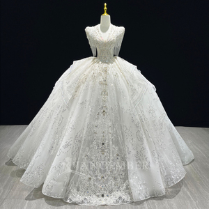 JFH145 Vestido de Novia Moderno con Cuello en V, Manga Corta, Lentejuelas, Encaje Floral, Cristales y Cuentas, Estilo Imperio - Product Image 1